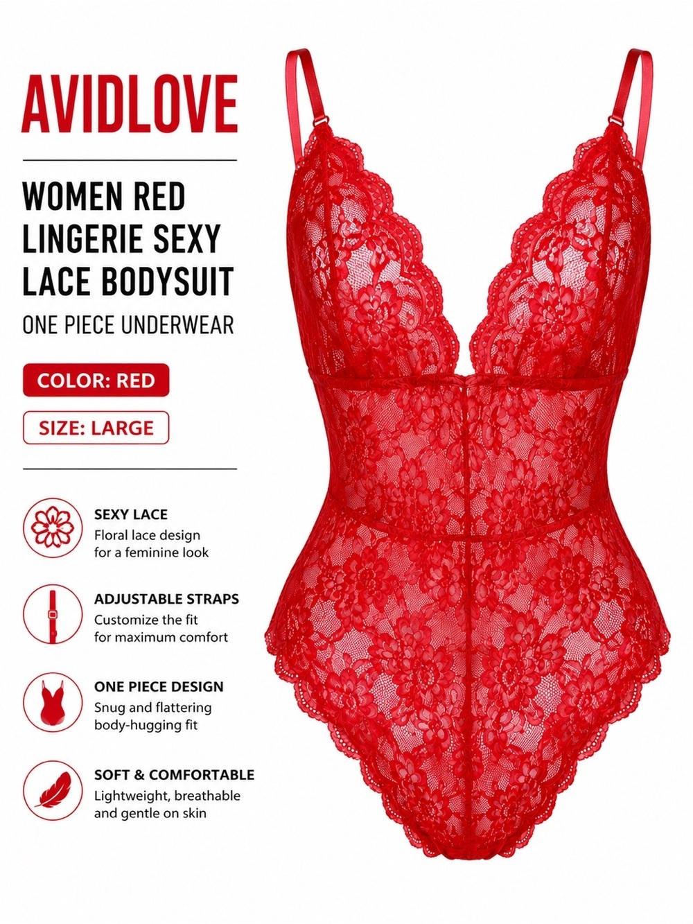 Avidlove Women Red Lingerie Sexy Lace Bodysuit One Piece Underwear(Red,Large